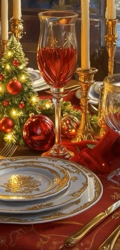 Festive Christmas table setting with red and gold decorations.