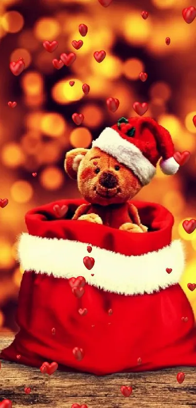 Festive wallpaper with teddy bear, gifts, and golden bokeh lights.