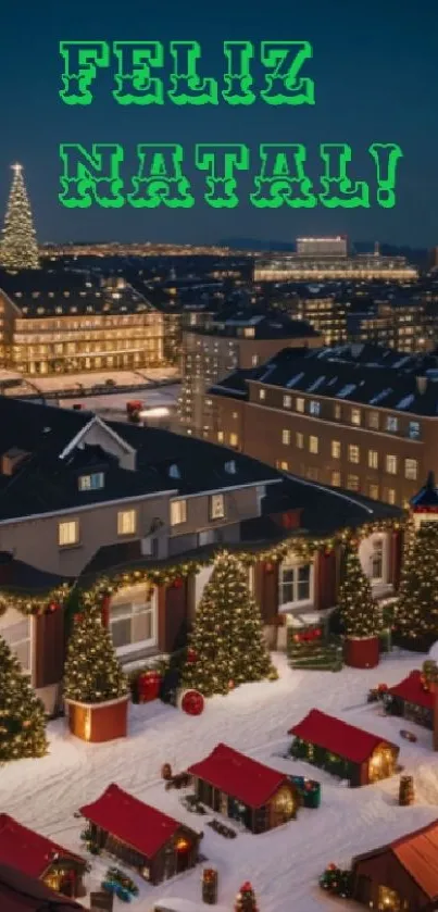 Snow-covered town with Christmas trees and lights at night.