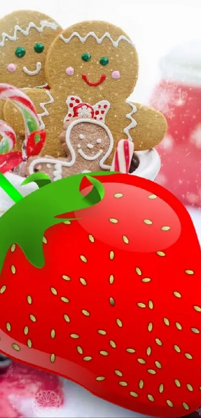 Festive wallpaper with gingerbread and strawberry.