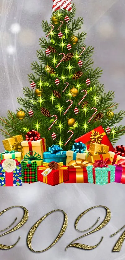 Christmas tree with gifts and 2021 text wallpaper.