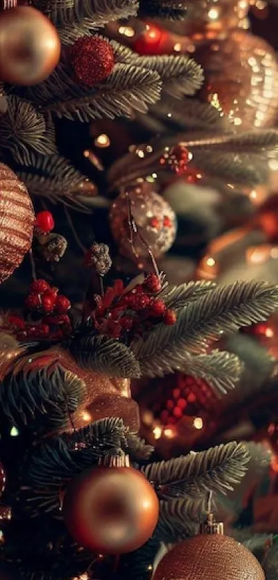 Festive Christmas tree with elegant ornaments and warm holiday colors.