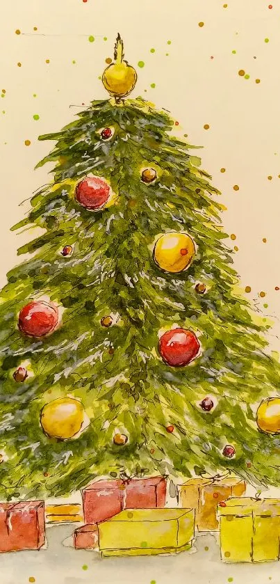 Watercolor Christmas tree with gifts and ornaments in a festive style.