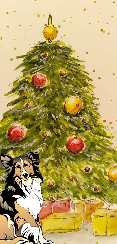 Whimsical Christmas tree and dog illustration with colorful festive theme.