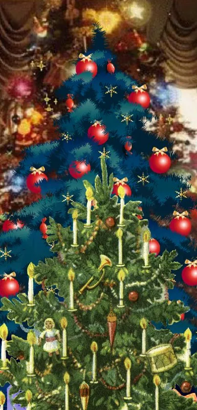 Christmas tree with candles and ornaments, festive holiday wallpaper.