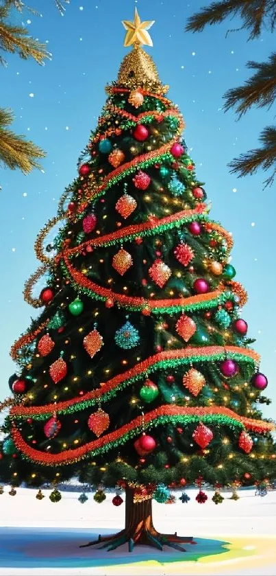Festive Christmas tree with ornaments in a snowy landscape.