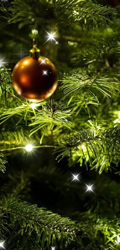 Close-up of Christmas tree with red ornament and twinkling lights.