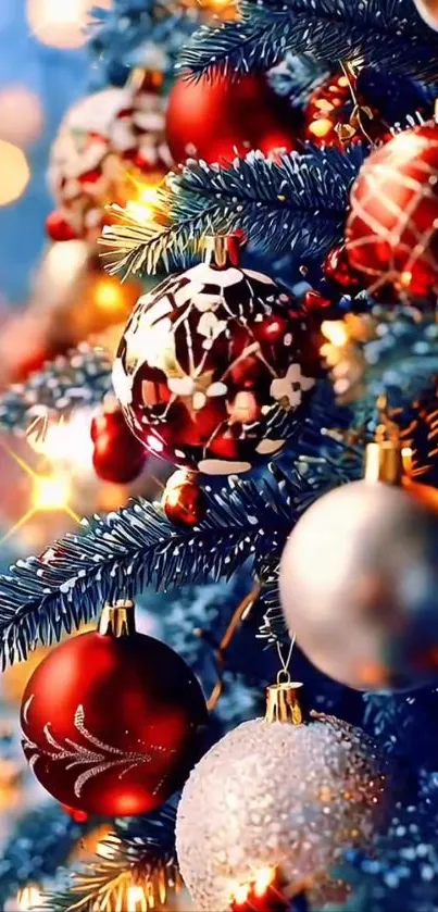 Vibrant Christmas tree with ornaments and lights.