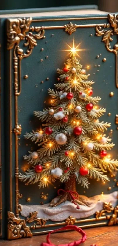 A festive Christmas tree decorates the cover of a classic, ornate book.