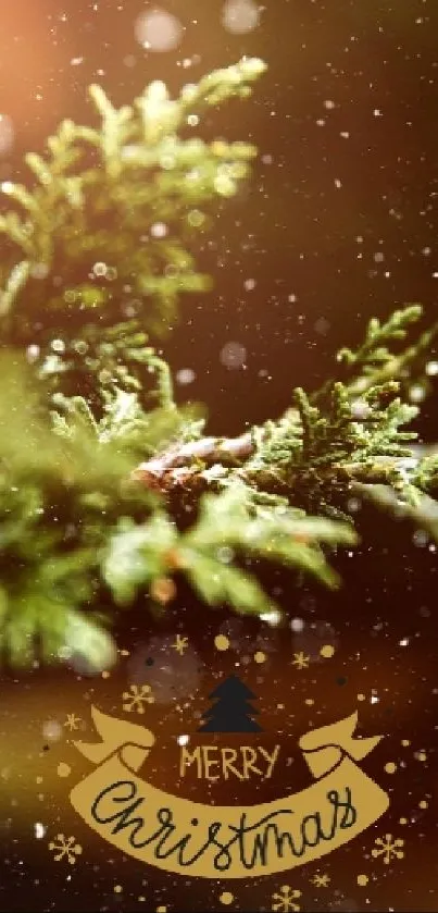 Festive Christmas tree branch in warm light with snowfall.