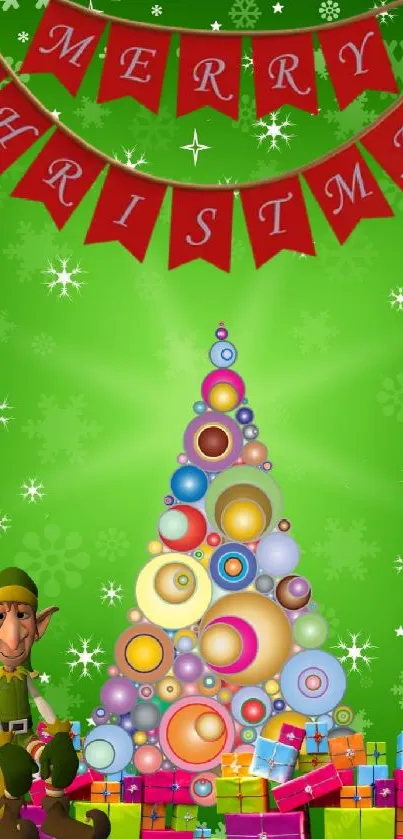 Whimsical Christmas tree with elf and gifts on a green backdrop and festive decor.