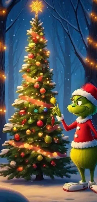 Festive character with Christmas tree in snowy forest.