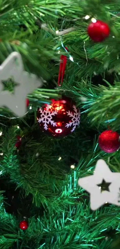 Vibrant Christmas tree with ornaments and festive lights shining.