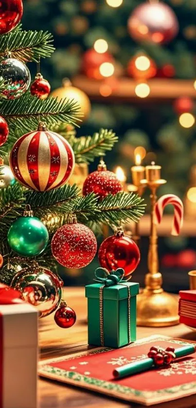Christmas tree with ornaments and gifts on a festive background.