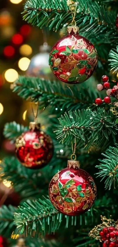 Colorful Christmas tree with red ornaments and festive lights.