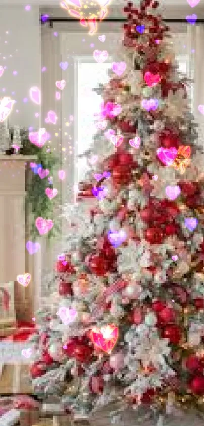 Festive Christmas tree with red and white decorations for a cozy holiday feel.