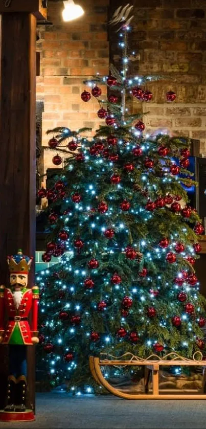 Festive Christmas tree with nutcrackers and cozy holiday decor.