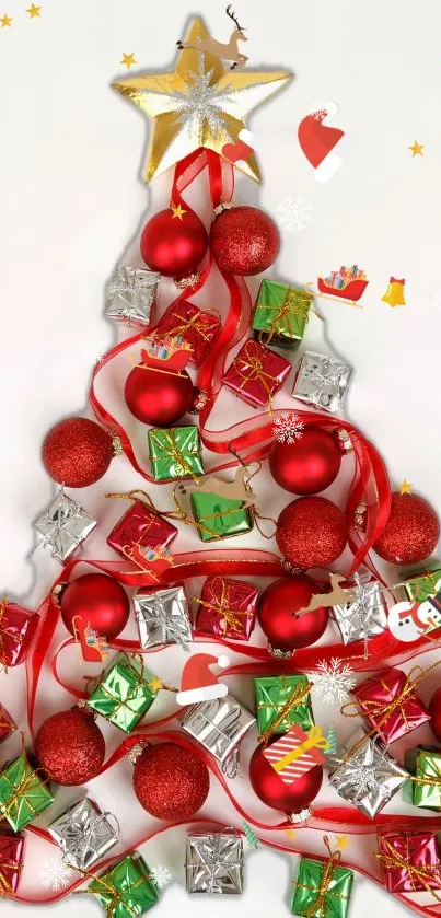 Christmas tree with red ornaments and colorful gift boxes on a white background.