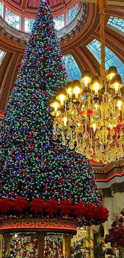 Vibrant Christmas tree with festive lights and decor in an ornate indoor setting.