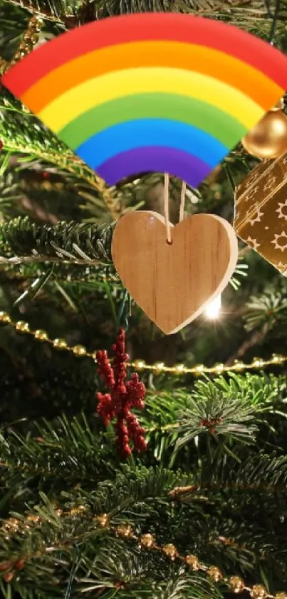 Decorated Christmas tree with rainbow and ornaments.