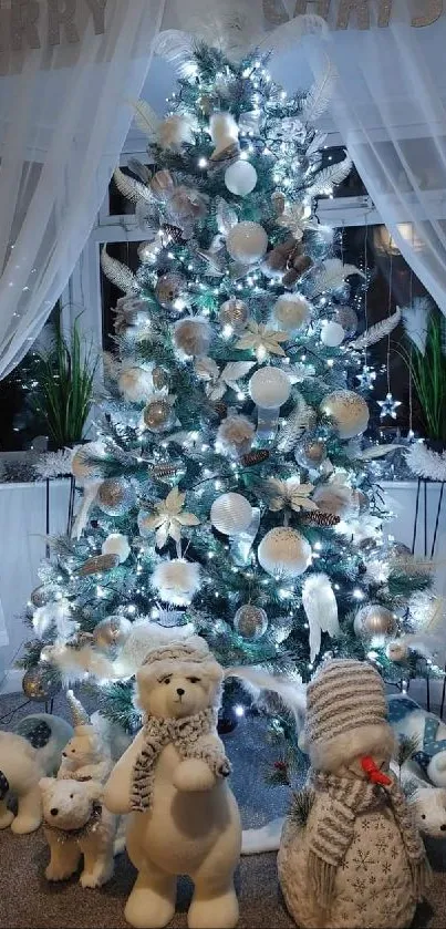 Christmas tree with lights and polar bear plushies in living room scene.