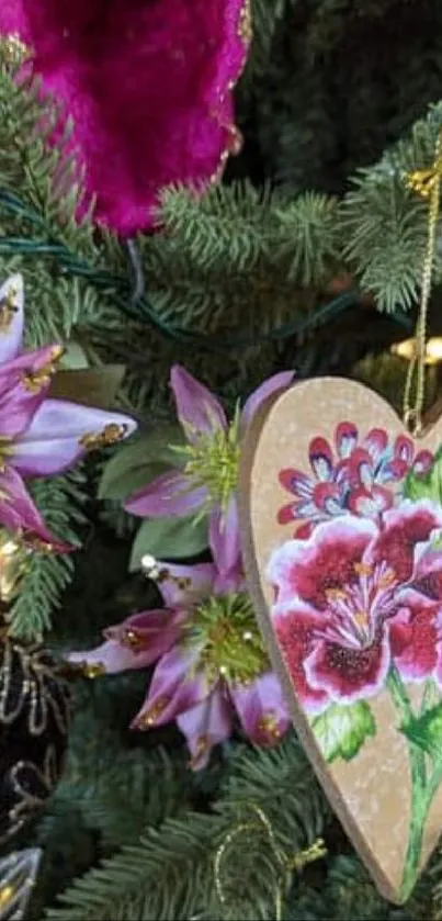 Christmas tree decorated with flowers and ornaments.