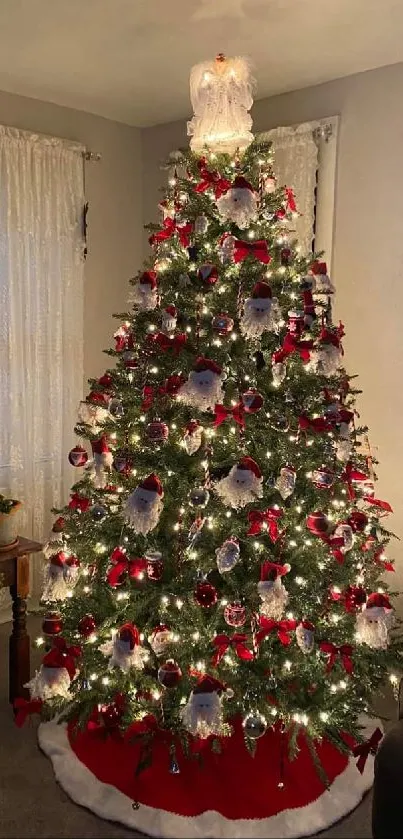 Decorated Christmas tree in cozy living room setting with festive lights and ornaments.