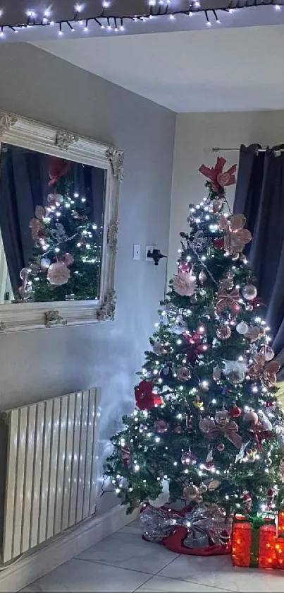 Charming Christmas tree decorated with lights and gifts.