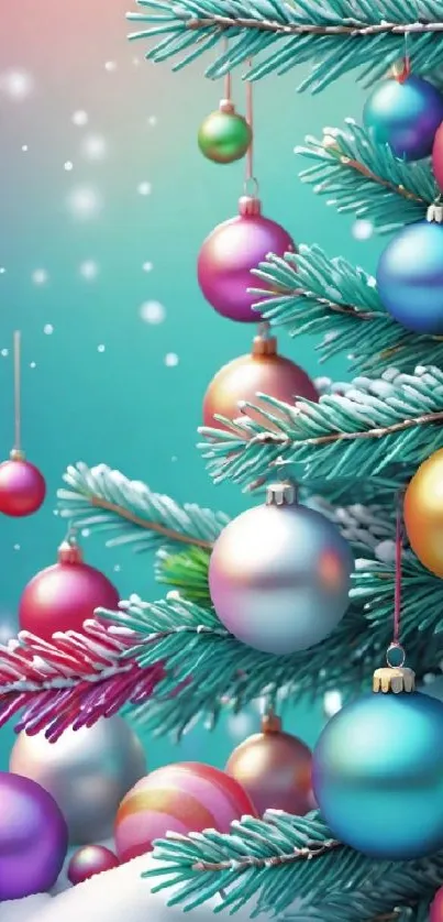 Colorful ornaments on a snowy Christmas tree.
