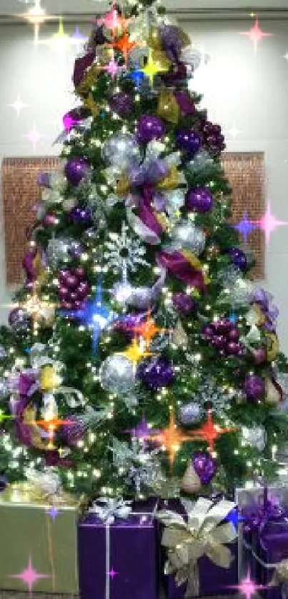 Christmas tree with purple, gold, and silver ornaments and gifts underneath.