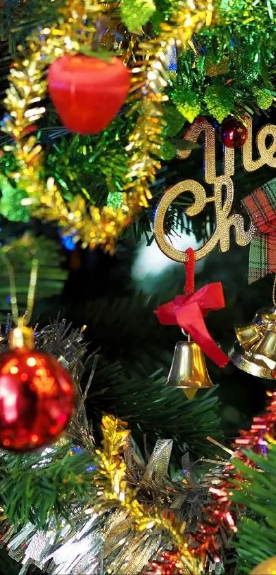 Festive Christmas tree with colorful ornaments and tinsel.