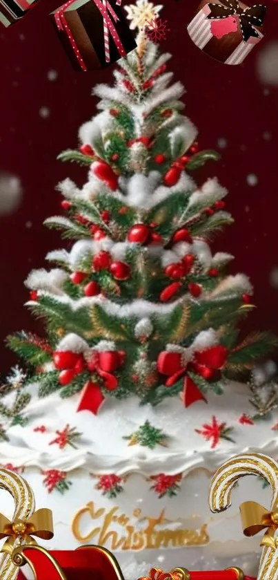 Festive Christmas tree mobile wallpaper with gifts and snow.