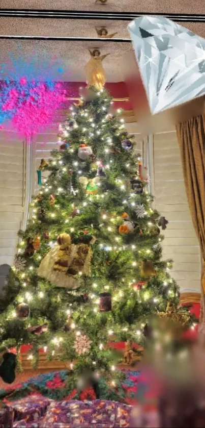 Christmas tree with ornaments and lights.