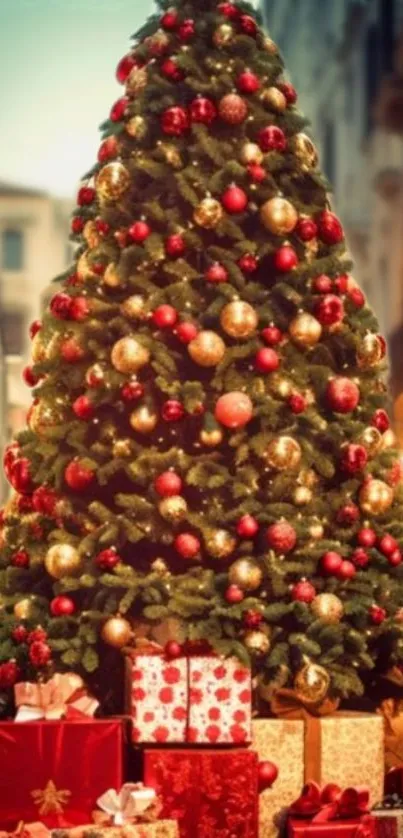 Decorated Christmas tree with presents underneath.