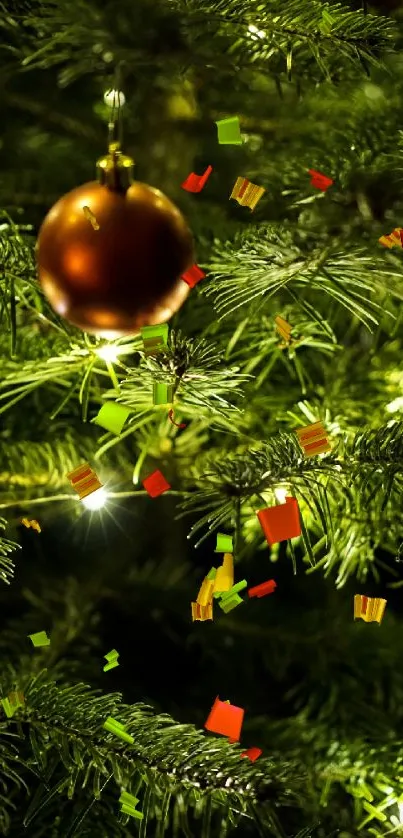 Decorative Christmas tree with confetti and golden bauble.