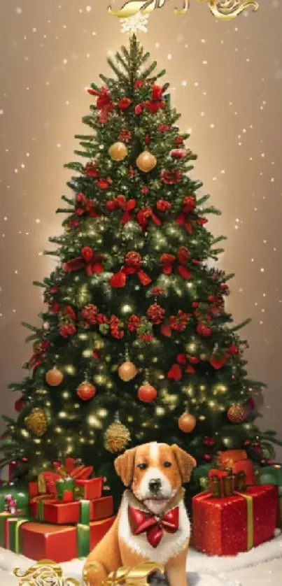 Christmas tree with lights and gifts, featuring a cute puppy.