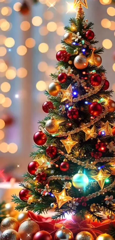 Festive Christmas tree with lights and ornaments.