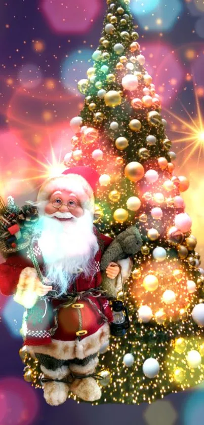 Santa Claus with a vibrant, twinkling Christmas tree background.