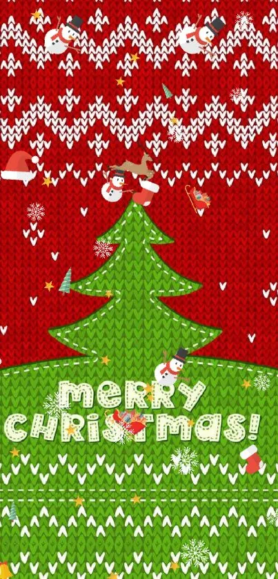 Festive Christmas tree on red knit background mobile wallpaper.