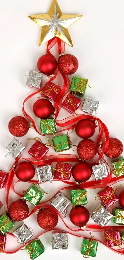 Christmas tree made of red baubles and colorful gift boxes.