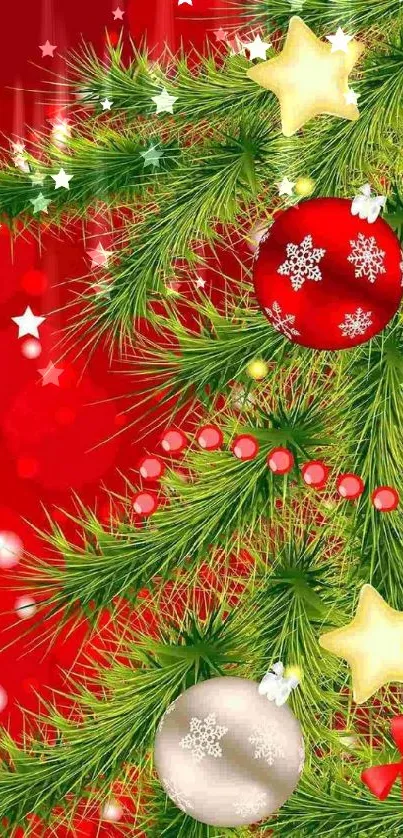 Festive Christmas tree wallpaper with stars and ornaments on a bright red background.