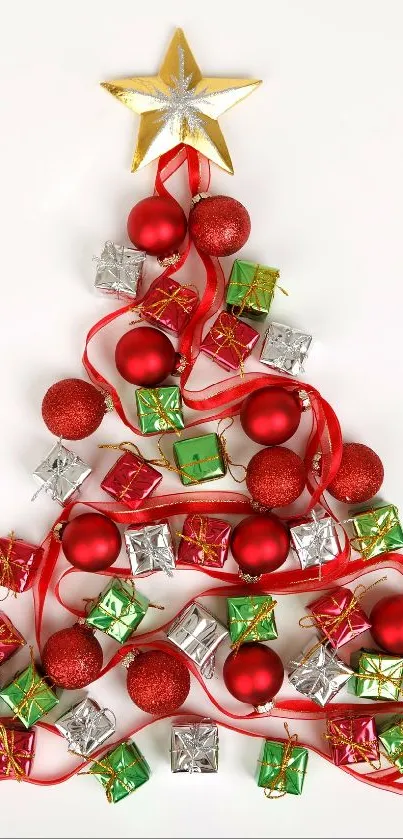 Mobile wallpaper with decorative Christmas tree made of gifts and ornaments.