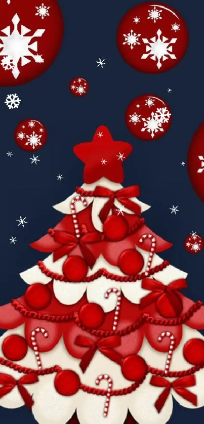 Red and white Christmas tree with ornaments and snowflakes.