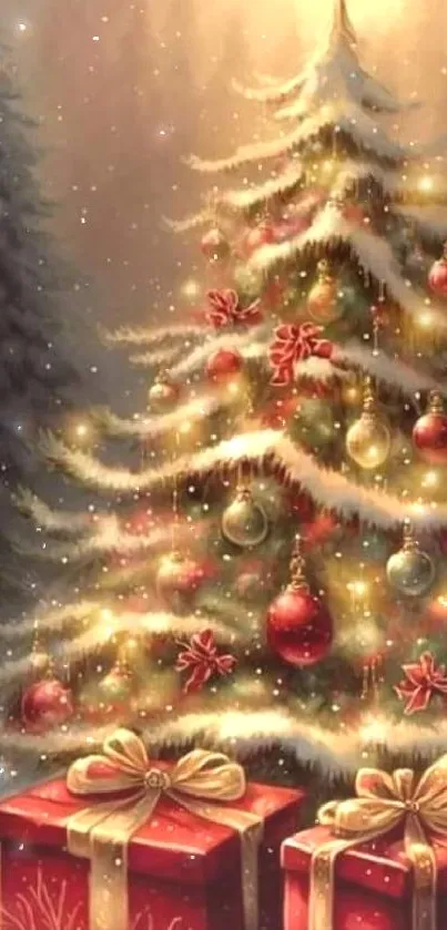 Enchanting Christmas tree with gifts and glowing lights wallpaper.