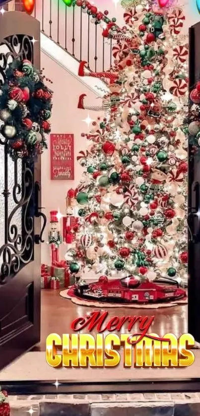 Christmas entrance with decorated tree and gifts, saying 'Merry Christmas'.