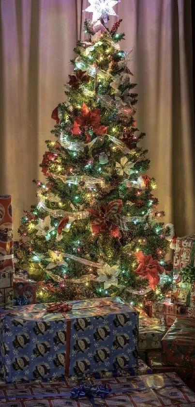 Christmas tree with lights and gifts underneath.