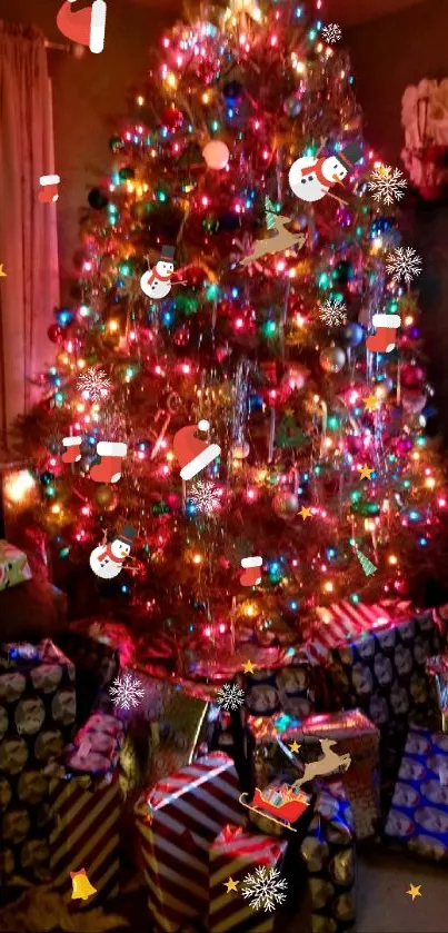 Christmas tree with lights and presents underneath.