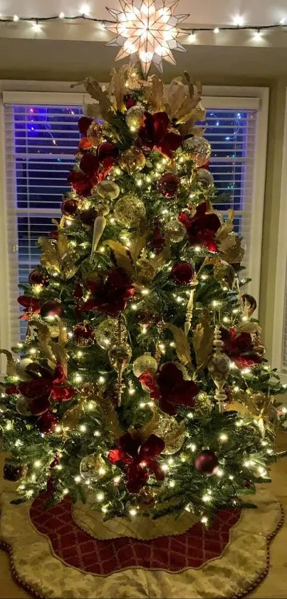 Decorated Christmas tree in festive colors.