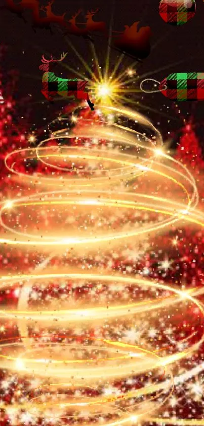 Glowing Christmas tree with golden spirals and red ornaments.