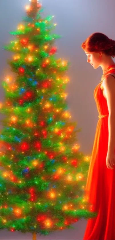 Festive wallpaper of a lady in red beside a bright Christmas tree.